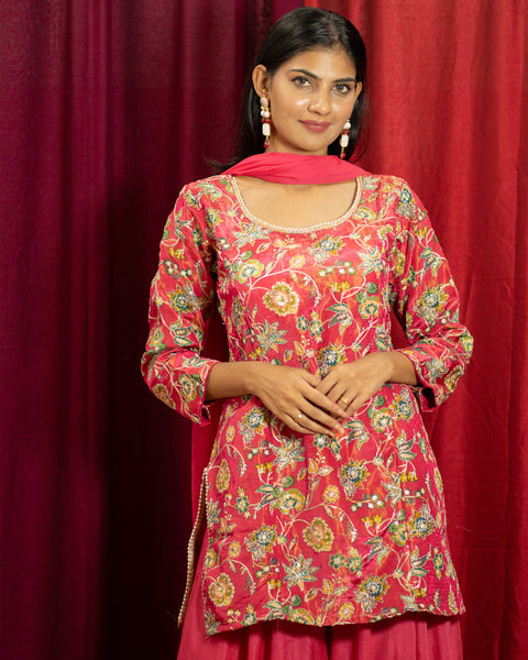 Rani Pink Sharara Suit with Floral Print and Zari Work