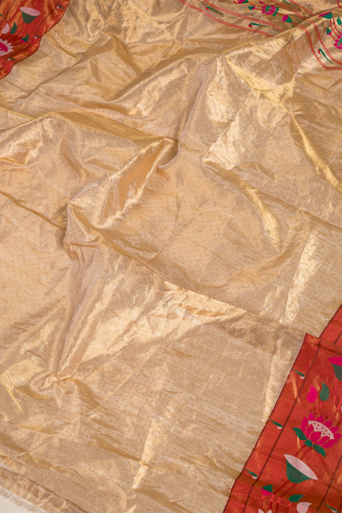 Golden Tissue Pure Silk Paithani Saree with Lotus Zari Border