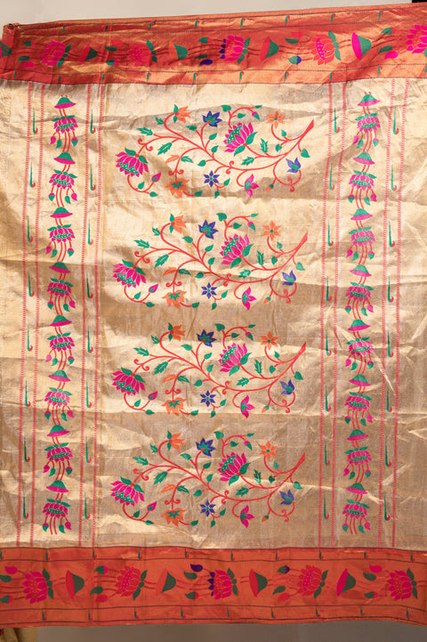 Golden Tissue Pure Silk Paithani Saree with Lotus Zari Border