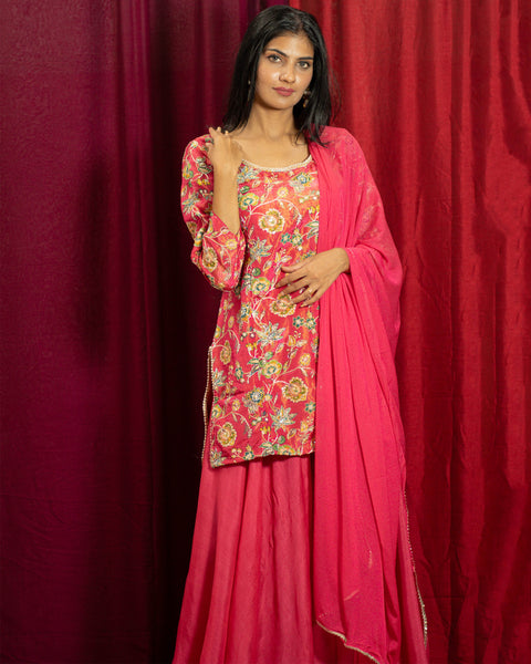 Rani Pink Sharara Suit with Floral Print and Zari Work