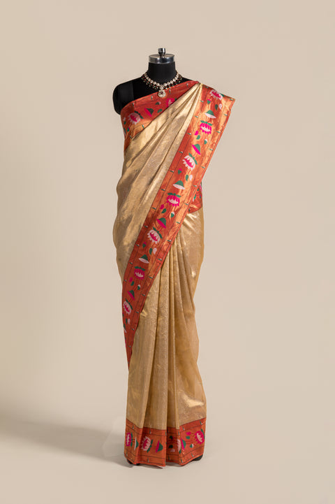 Golden Tissue Pure Silk Paithani Saree with Lotus Zari Border