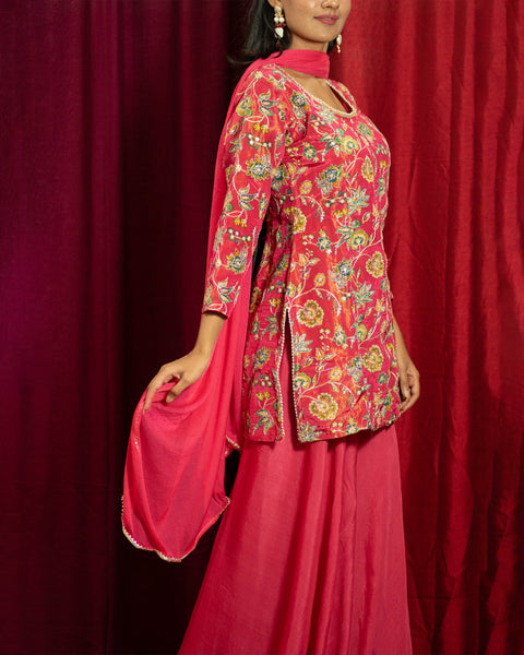 Rani Pink Sharara Suit with Floral Print and Zari Work