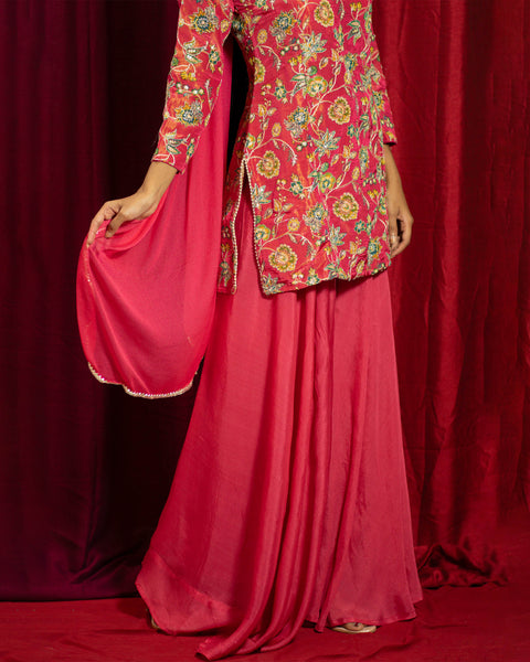 Rani Pink Sharara Suit with Floral Print and Zari Work