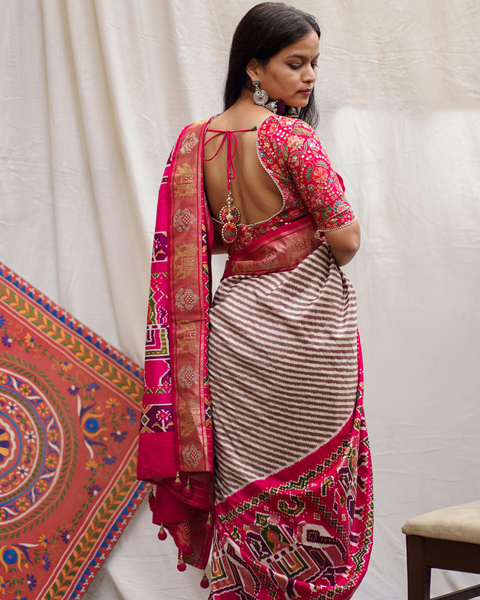 Pink Patola Saree with Brown Stripes and Patola Border