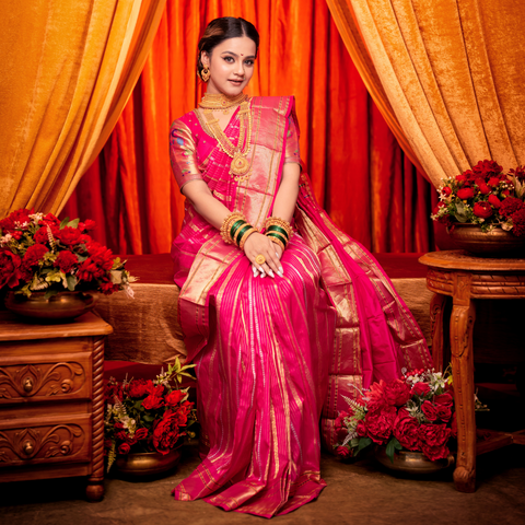 Pink Paithani Pure Silk Saree with Golden Zari Strips: A Timeless Treasure