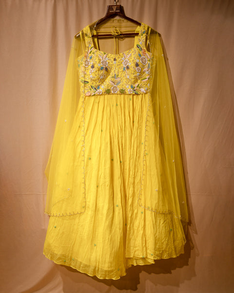 Dark Yellow Indo Western Light Weight Lehenga
