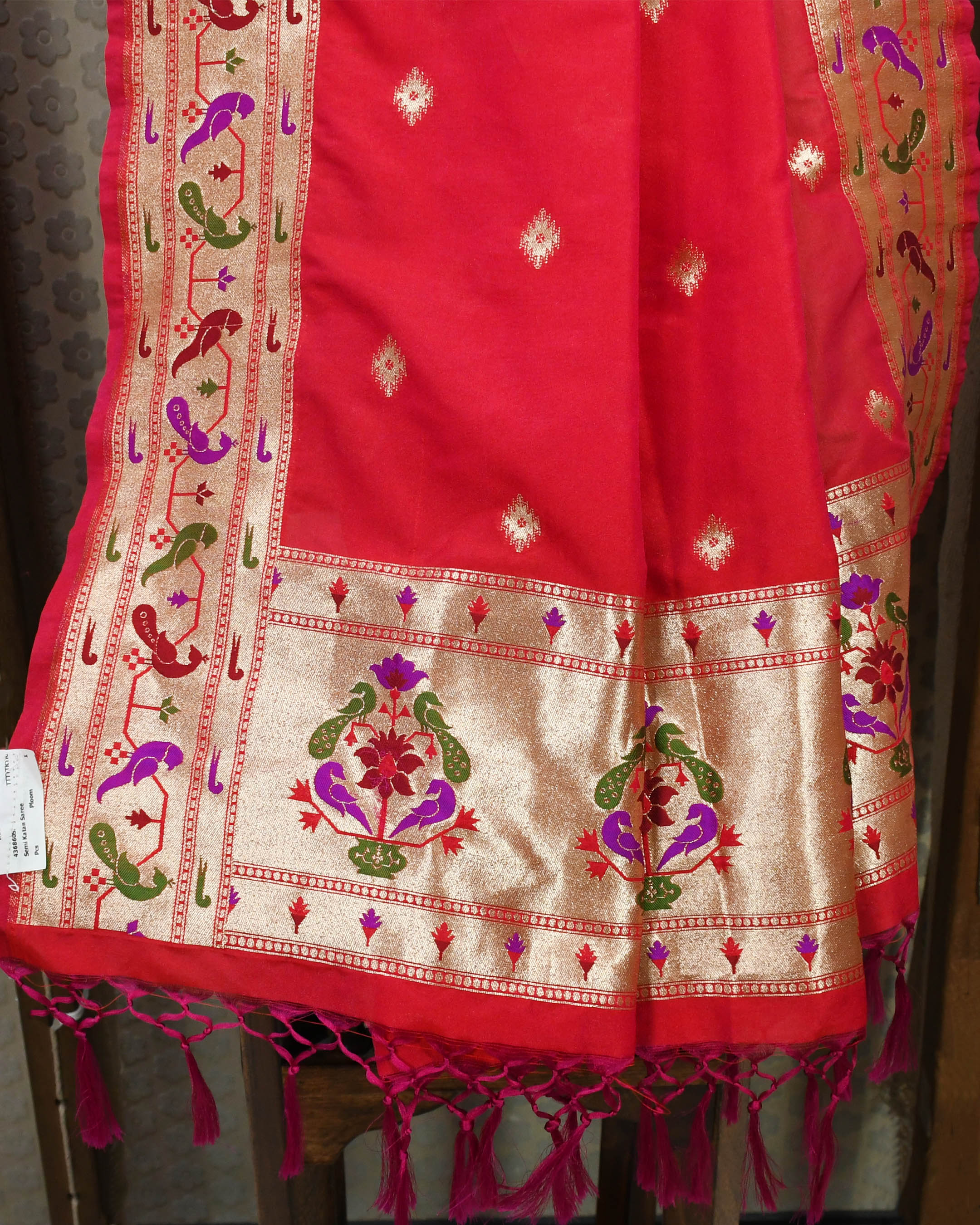 Red Designer Butti Pure Silk Shela – House of Hind