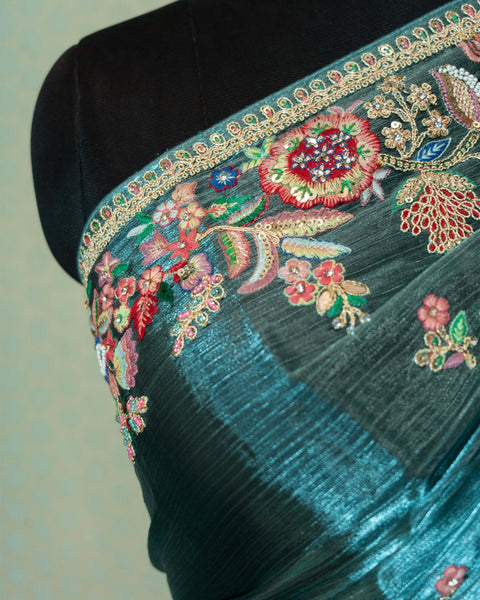 Light Sea Green Organza Saree with multi-color thread work