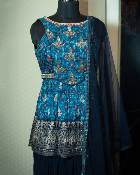 Dark Blue Print Fork Style Kurta with Navy Blue Palazzo and Matching Dupatta