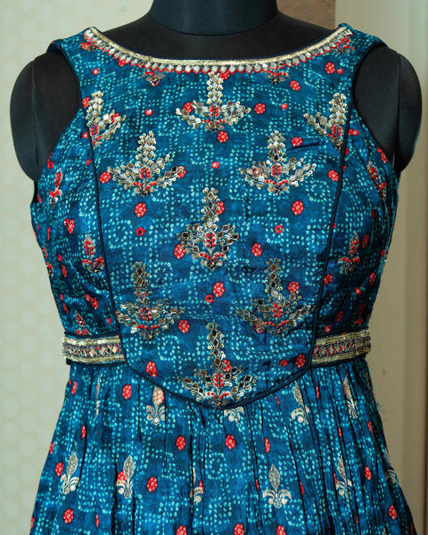 Dark Blue Print Fork Style Kurta with Navy Blue Palazzo and Matching Dupatta