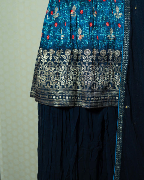 Dark Blue Print Fork Style Kurta with Navy Blue Palazzo and Matching Dupatta