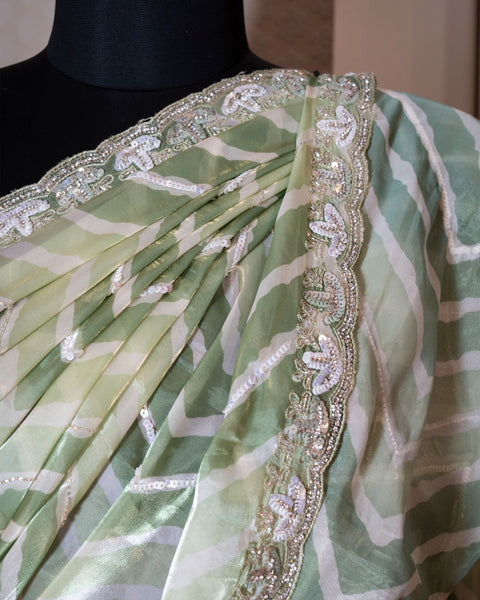 Light Green Leheriya Lightweight Fancy Saree with Handwork Borders