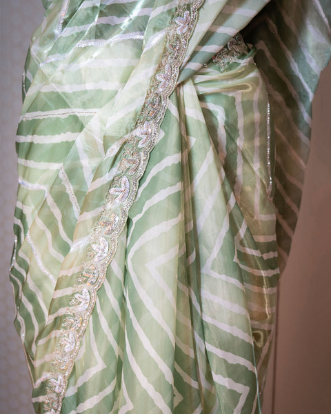 Light Green Leheriya Lightweight Fancy Saree with Handwork Borders