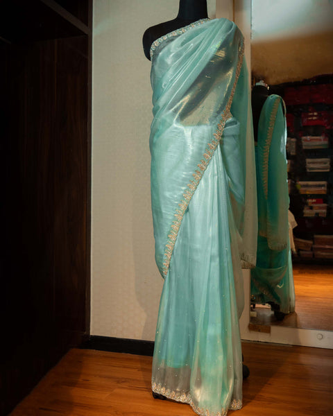 Aqua Blue Designer Organza Saree with Stone Work on Border