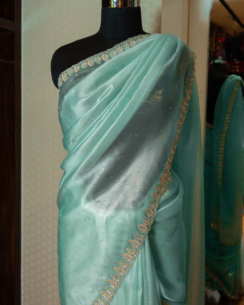 Aqua Blue Designer Organza Saree with Stone Work on Border