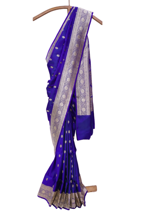 Royal Blue Pure Silk Banarasi Saree with Golden Zari Leaf Butties