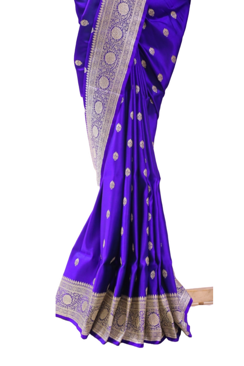 Royal Blue Pure Silk Banarasi Saree with Golden Zari Leaf Butties