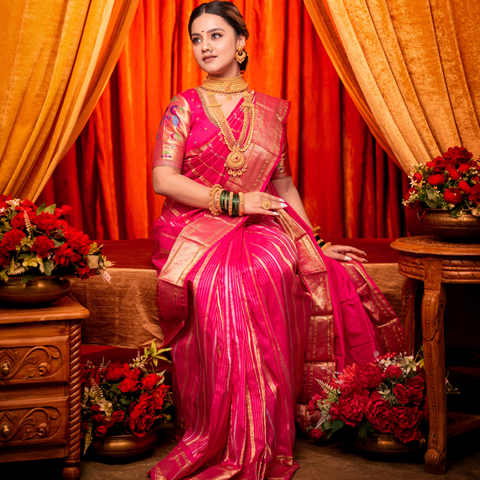 Pink Paithani Pure Silk Saree with Golden Zari Strips: A Timeless Treasure