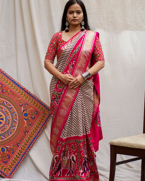 Pink Patola Saree with Brown Stripes and Patola Border