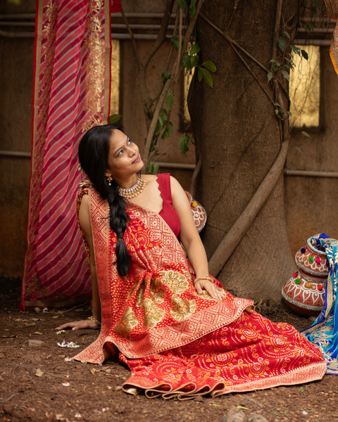 Classic Red Khaddi Georgette Bandhani Saree with Zari Border and Pallu