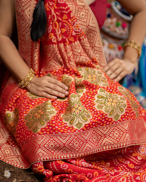 Classic Red Khaddi Georgette Bandhani Saree with Zari Border and Pallu