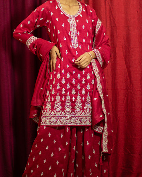 Maroon Three-Piece Palazzo Suit with White Pearl and Zari Work