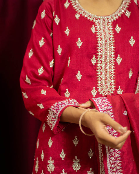 Maroon Three-Piece Palazzo Suit with White Pearl and Zari Work