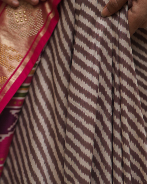 Pink Patola Saree with Brown Stripes and Patola Border