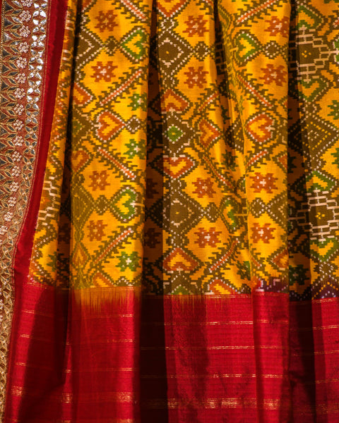 Mustard Yellow Chiffon  Pure Silk Patola Saree