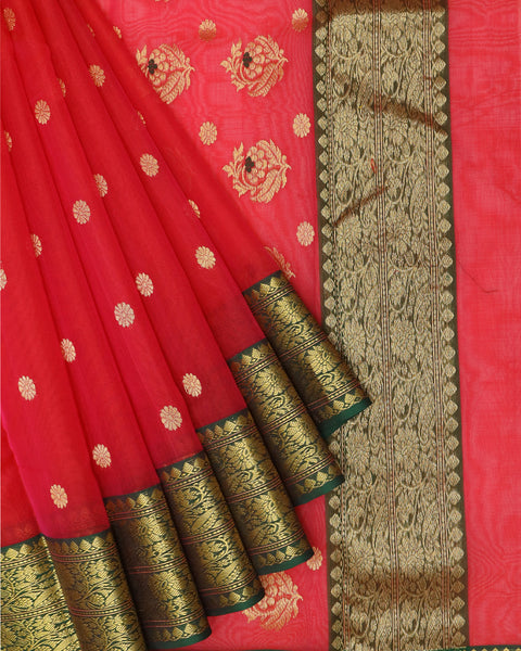 Bright Red Chanderi Pure Silk Saree with Contrast border