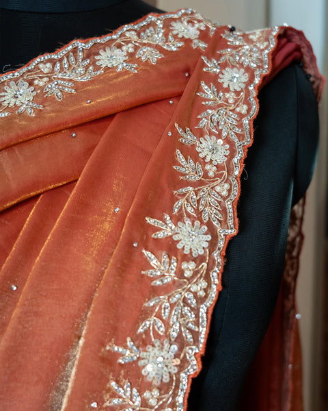 Rust Orange Lightweight Fancy Saree with Handwork on Borders