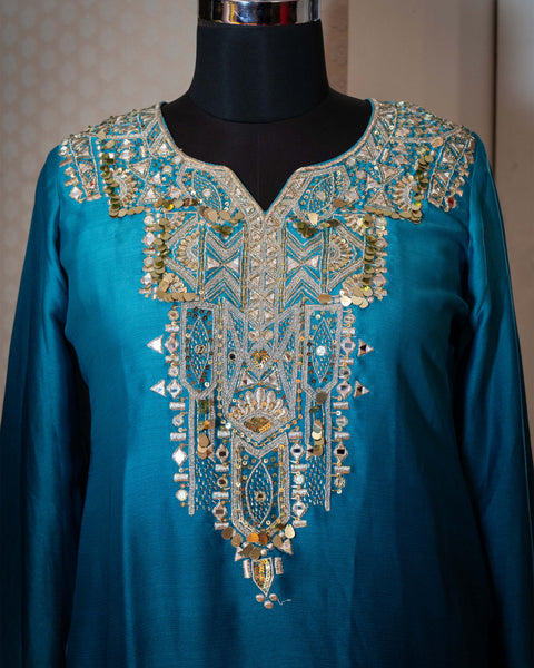 Peacock Colour Muslin Silk Straight Fit Suit with Mirror and Zari Work