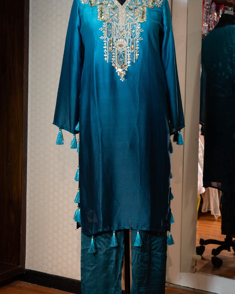 Peacock Colour Muslin Silk Straight Fit Suit with Mirror and Zari Work