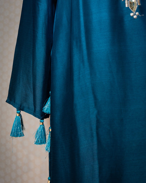 Peacock Colour Muslin Silk Straight Fit Suit with Mirror and Zari Work