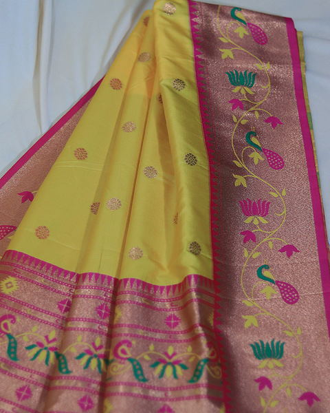 Golden Yellow Semi-Silk 9-Yard Paithani Saree with Pink Peacock Zari Border