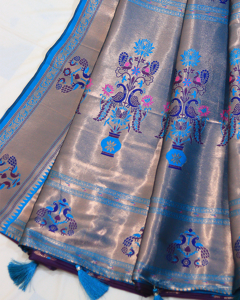 Purple Semi-Silk 9-Yard Paithani Saree with Sky Blue Zari Border