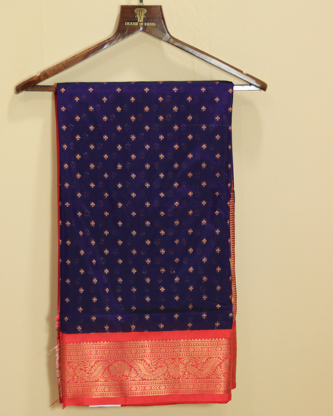 Dark Indigo Semi-Silk 9 Yard Paithani Saree with Crimson Red Border