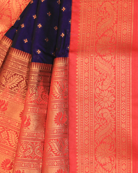 Dark Indigo Semi-Silk 9 Yard Paithani Saree with Crimson Red Border