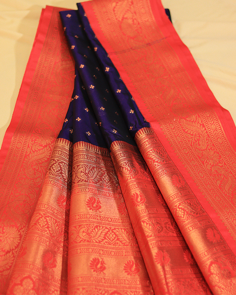 Dark Indigo Semi-Silk 9 Yard Paithani Saree with Crimson Red Border