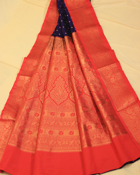 Dark Indigo Semi-Silk 9 Yard Paithani Saree with Crimson Red Border