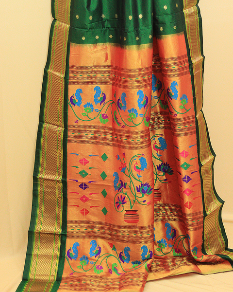 Forest Green 9-Yard Silk Saree Golden Zari Saree