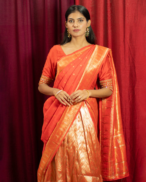 Tomato Red Lehenga in Kanjeevaram Semi-Silk