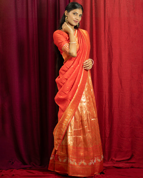 Tomato Red Lehenga in Kanjeevaram Semi-Silk