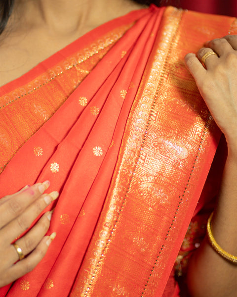 Tomato Red Lehenga in Kanjeevaram Semi-Silk