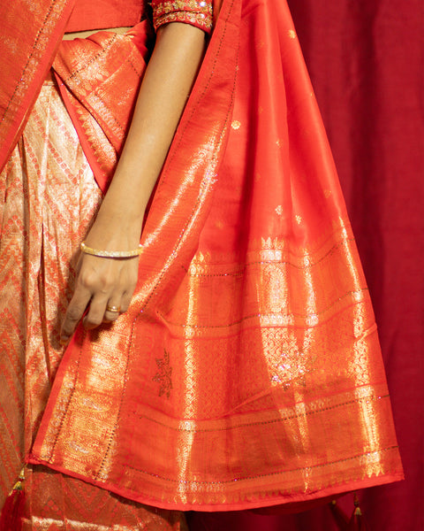 Tomato Red Lehenga in Kanjeevaram Semi-Silk