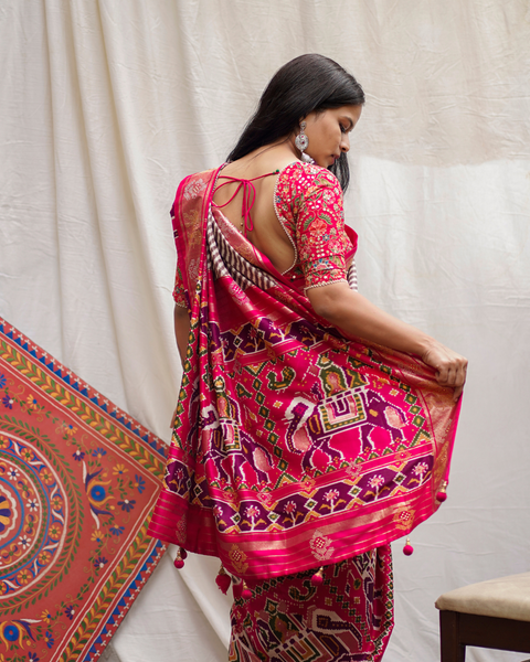 Pink Patola Saree with Brown Stripes and Patola Border