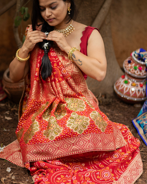 Classic Red Khaddi Georgette Bandhani Saree with Zari Border and Pallu