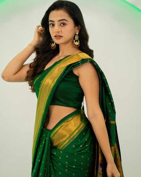 Bottle Green Paithani Saree with Traditional Border and Pallu featuring Helli Shah