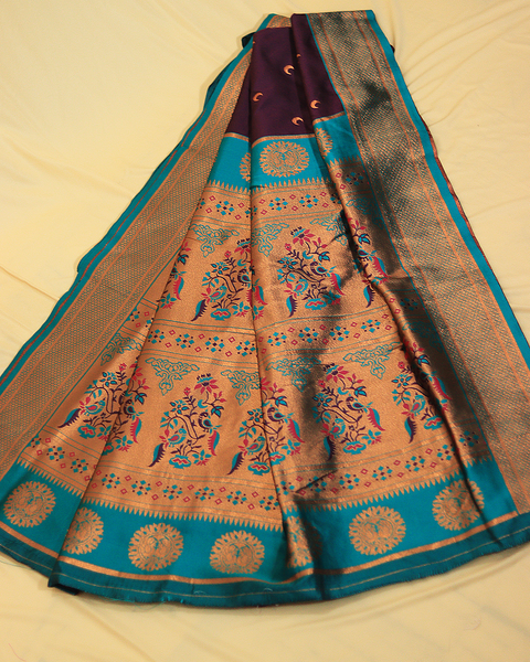 Purple Semi-Silk 9-Yard Paithani Saree with Teal Zari Border