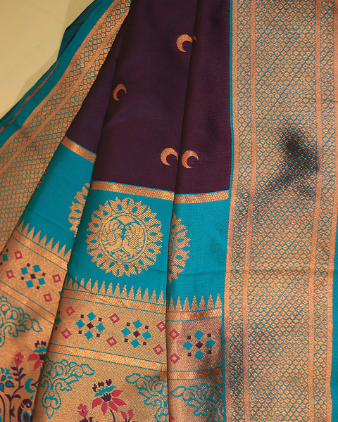 Purple Semi-Silk 9-Yard Paithani Saree with Teal Zari Border